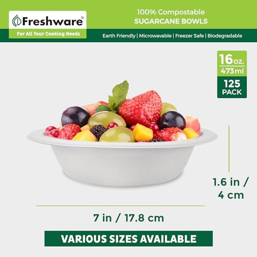 Freshware Paper Bowls - Disposable 16 oz. Soup Bowl, 125-Pack Biodegradable Sugarcane Fiber Serving Bowls - Heavy Duty Bagasse for Hot Food Plates - Microwave & Freezer Safe, Stackable Dinnerware
