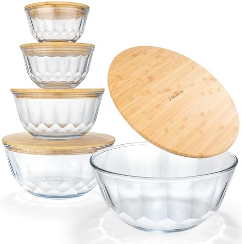 Large Stackable Glass Mixing Bowls with Bamboo Lids Set of 5