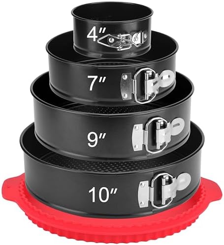 Springform Pan Set of 4, 4/7/9/10inch Cake Pans with Leakproof Silicone Protector, Non-Stick Leak-Proof with Removable Bottom, Cheesecake Pan for Baking, Black