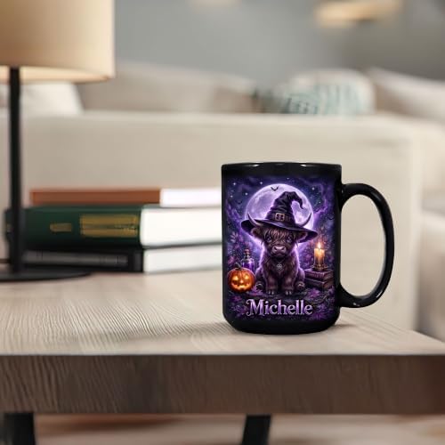 Hyturtle Halloween Highland Cow Mug, Custom Name Gift for Women
