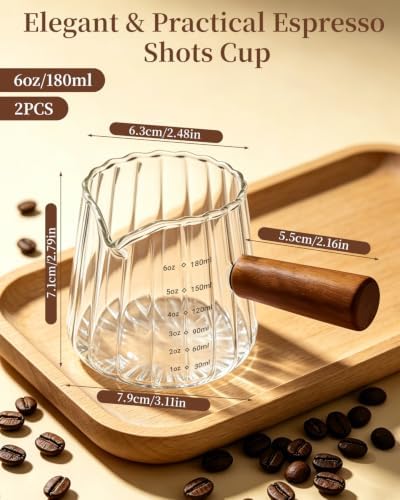2 PCS Espresso Measuring Cup 6 Oz, Espresso Glass Cups with Wood Handle, Milk Frothing Cup, Espresso Cup for Coffee, Milk, Tea or Maple Syrup Serving