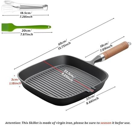 Cast Iron Grill Pan, 9 inch Griddle Pan Skillet with Wooden Handle, Kitchen Tong & Oil Brush included