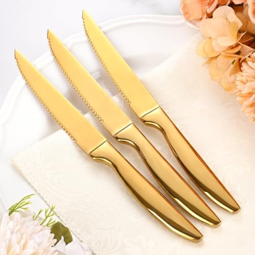 Gold Steak Knives Set of 8, Stainless Steel Kitchen Serrated Steak Knives