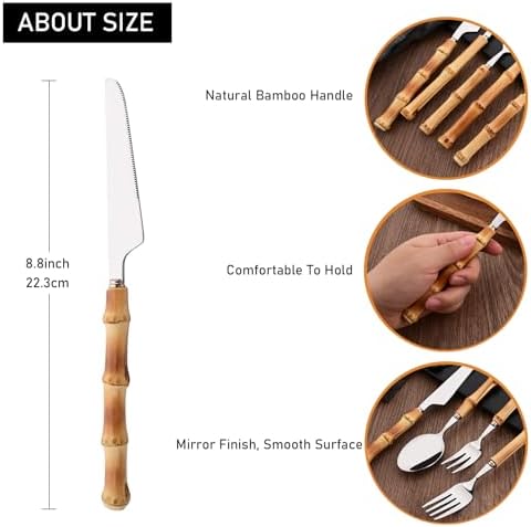 Dinner Knife Set with Bamboo Handle, 8-Piece Stainless Steel Shiny Silver Dinner Knives, Creative Design Table Knives for Home Restaurant, 8.74 inch, Handcrafted