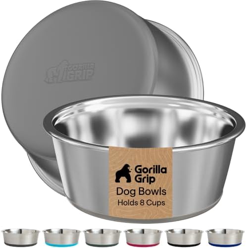 GORILLA GRIP Dog Bowls, Food Grade Stainless Steel, Set of 2, 8 Cup, Gray