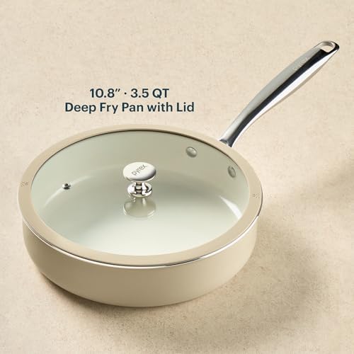 Pyrex 10.8-Inch Deep Fry Pan Ceramic Cookware with Lid & Handles