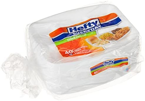 Hefty Everyday Soak-Proof Foam Compartment Tray, White, 9x11 Inch, 40 Count