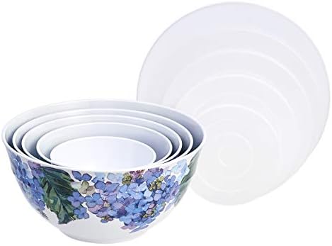 Amazon Basics Mixing Bowls with Lids, Nesting Melamine Serving Bowls, Non-Slip Base, BPA Free, Dishwasher Safe, 5 Sizes, Hydrangea Floral, Set of 10