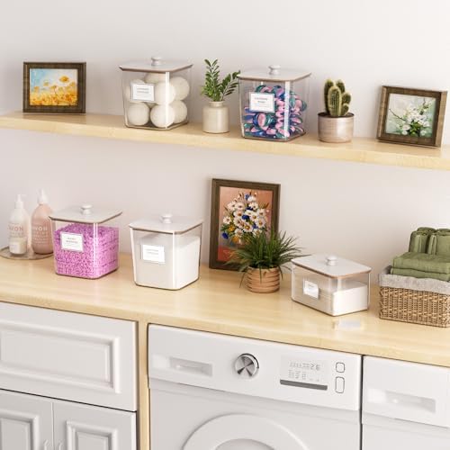 HomePekite Laundry Pods Storage Container, Clear Acrylic Laundry Room Organization and Storage ,Detergent Powder Container,with Wooden Lids & Labels, 3+1 Pack（White）