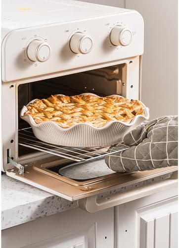 Ceramic Deep Pie Pan for Baking, 11 inch Porcelain Pie Dish for Apple Pie, Oven & Dishwasher Safe, Farmhouse Decor, 48 Ounce Deep Plate for Kitchen, Non-Stick Pie Pans, Embossed Stripe