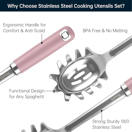 Safring Stainless Steel Soup Ladle and Spaghetti Spoon Set, Heat Resistant Rubber Handle, Dishwasher Safe, Kitchen Utensils for Cooking, Stirring, Serving Pasta, Soup & Sauce (Pink)