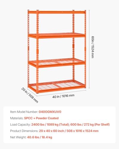 VEVOR Storage Shelves, 2400 lbs, 4 Tier Heavy Duty Garage Shelving, 20" D x 40" W x 60" H Adjustable Metal Shelves for Industrial Shelving Unit Utility Shelf, for Kitchen, Warehouse, Basement, Orange
