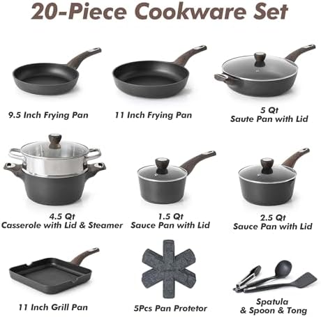 SENSARTE Pots and Pans Set Nonstick, 20 Pcs Induction Cookware Sets, Non-toxic Healthy Non Stick Kitchen Cooking Set with Stay-Cool Handles, PFOA PFOS Free, Black