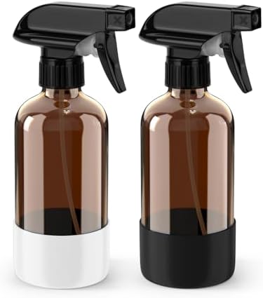 Bontip Glass Spray Bottle with Silicone Sleeve Protection, Amber Glass Spray Bottle Set for Window Cleaner Aromatherapy Facial Hydration Watering Flowers Hair Care 2 Pack/8 oz (Black & White)