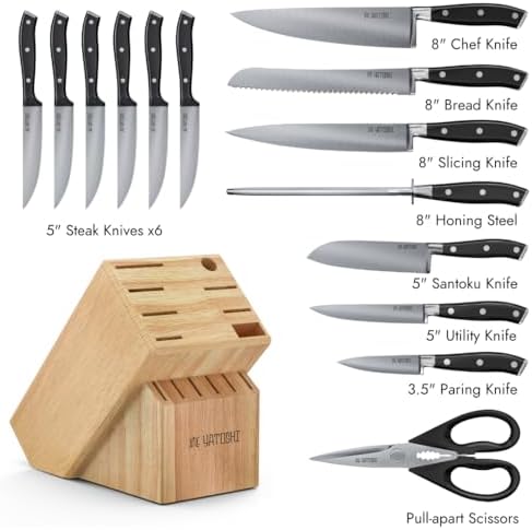 Yatoshi 15 Piece Black Knife Block Set - Pro Kitchen Knife Set Ultra Sharp High Carbon Stainless Steel with Ergonomic Handle