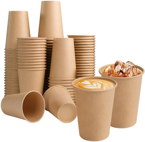 BYSNOW 100 Pack 12 oz Kraft Paper Cups, Disposable Coffee Hot Water Cups