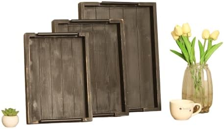 3Pc Rustic Black Vintage Nested Wood Serving Trays, Decorative