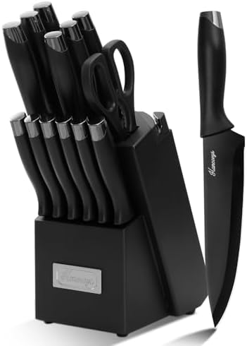 15 PCS Black Knife Set for Kitchen with Block, Built-In Sharpener