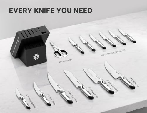ASETY Kitchen Knife Set, 15 PCS One-Piece Stainless Steel Knife Block Set