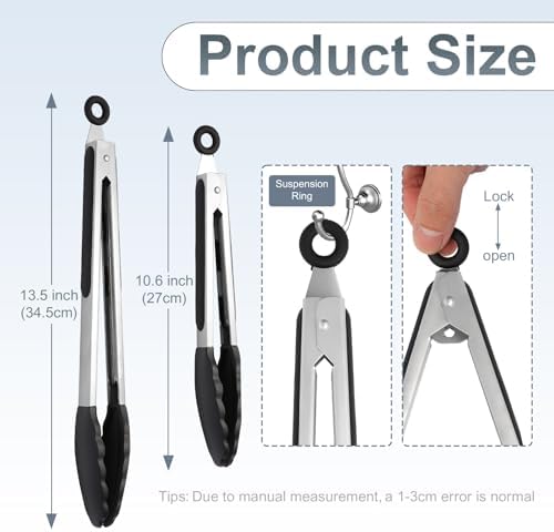 2 Pack Black Premium Stainless Steel Heat Resistant Kitchen Tongs for cooking,set of 9" and 12",Non Scratch Silicone cooking Tong Tip for Cooking Pans,Strong Grip BBQ tongs for Grabbing Hot Food