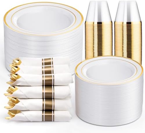 WELLIFE Disposable Plates & Gold Silverware Set, 350 Pieces for 50 Guests