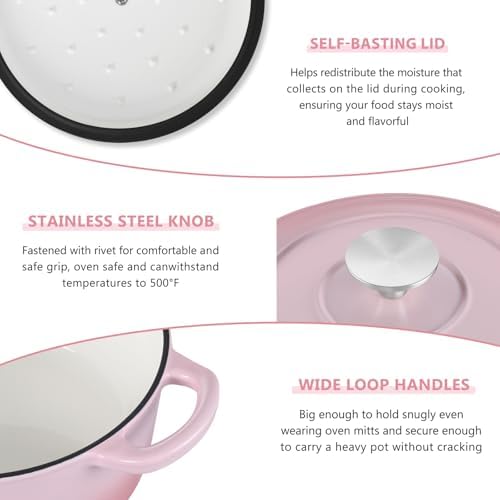 E-far 3 Qt Enameled Cast Iron Dutch Oven with Lid, Small Round Nonstick Dutch Oven Pot for Bread Baking Braising Stews Roasting Cooking, Heavy Duty, Induction & Oven Safe - Pink
