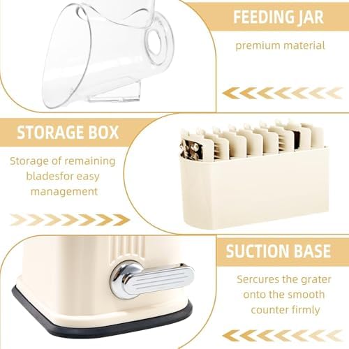 Rotary Cheese Grater with Handle, 5 Replaceable Blades (Beige)