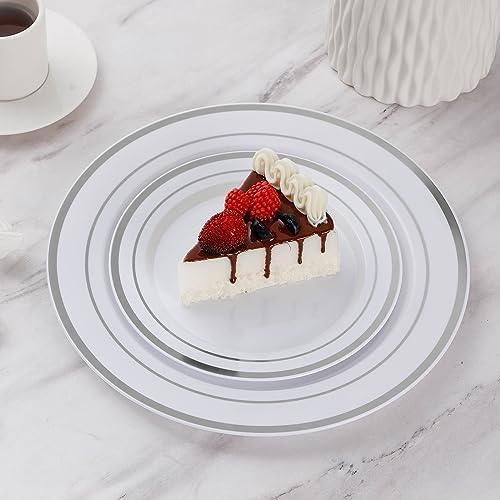 Goodluck 200PCS Silver Plastic Plates,Heavy Duty Disposable Silver Plates with 100 10.25 inch Dinner Plates and 100 7.5 inch Dessert Plates, Disposable Plates for Party, Holiday, Wedding (Pack of 2)