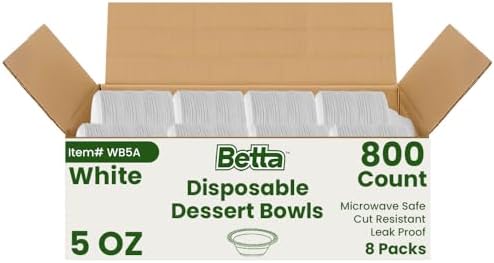 Betta 5 Oz Disposable Plastic Small Dessert Bowls, White, 800 Count, Bulk Case for Schools, Breakrooms and Cafeteria, Microwave Safe (8 Pack Per Box x100)