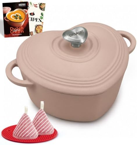 Overmont Enameled Cast Iron Dutch Oven - 2QT Pink Heart-Shaped Mini Pot