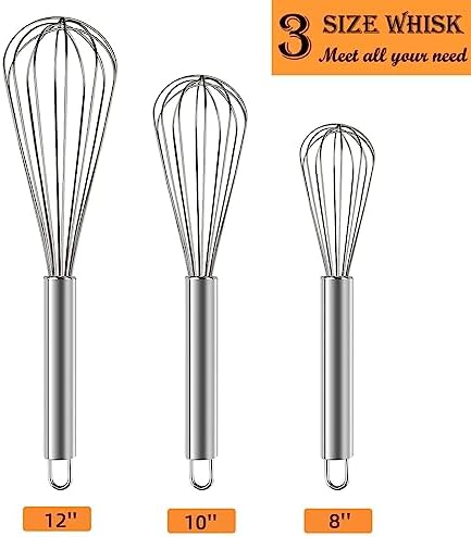Polly Online Stainless Steel Whisk Set, 3 Packs Balloon Whisk for Cooking, Whisking, Blending (8",10",12")