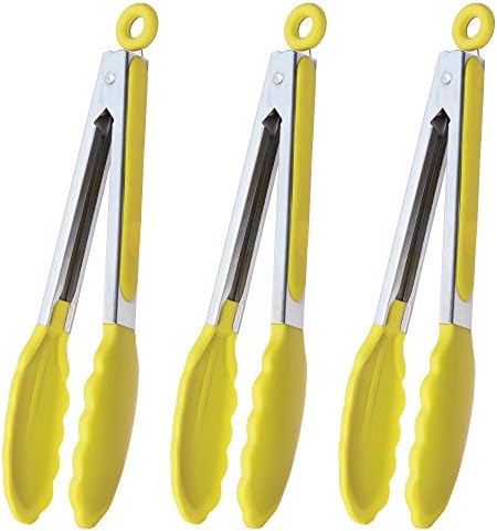 HINMAY Silicone Tipped Tongs 9" Kitchen Cooking Tongs, Set of 3 (Yellow)