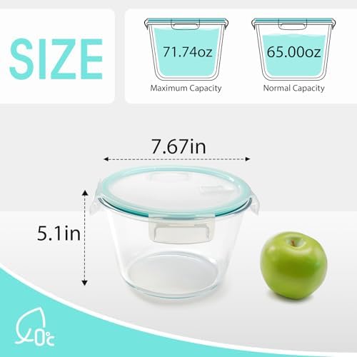 NUTRIUPS Glass Food Storage Container with Lid, 2.1L, 7.6×5in