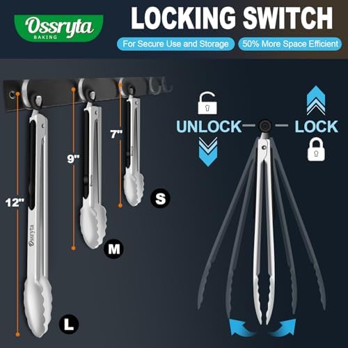 Stainless Steel Cooking Tongs Set of 3 - Heavy Duty 12/9/7 Inch Locking Tongs, Heat Resistant to 600 Degrees, Food Grade Kitchen Metal Tong for Food, Salad, & BBQ - Dishwasher Safe
