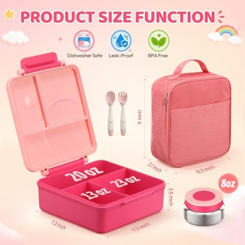 Bento Lunch Box for Girls with 8oz Soup Thermo & Lunch Bag, Leak-Proof Lunch Food Containers with 4 Compartment, Hot Food Insulated Food Jar for Kids School (Pink)