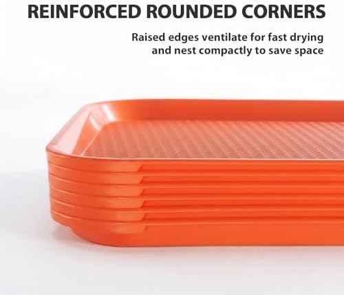 CURTA Fast Food Trays Bulk 6 Pack, 12 x 16 Inch Orange Plastic Lunch Tray, NSF Certified Cafeteria Serving Trays for School, Restaurant, and Business Food Service