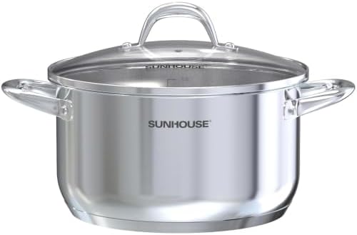 Sunhouse: Stainless Steel Stock Pot - 7 Quart - Tempered Glass Lid, 3-Ply Bottom, Soup-Pasta-Food, Boil-Simmer, All Cooktops, Dishwasher & Oven Safe