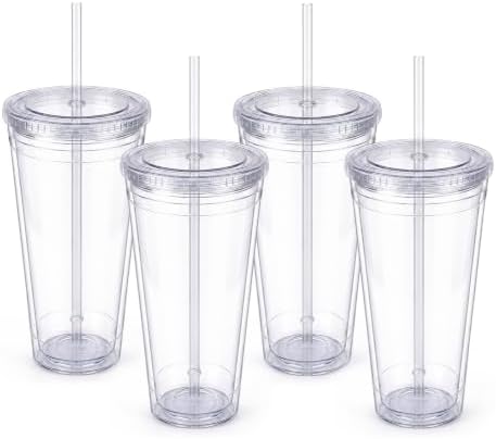 Zukro Clear Double Wall Plastic Tumbler with Lid and Straw 32 oz, 4 Pack