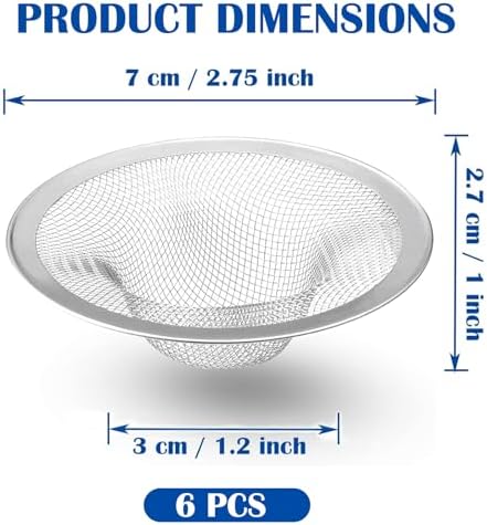 6 pcs Heavy Duty Stainless Steel Slop Basket Filter Trap, 2.75" Top / 1" Mesh Metal Sink Strainer,Perfect for Kitchen Sink/Bathroom Bathtub RV Wash Basin Floor Drain Balcony Drain Hole
