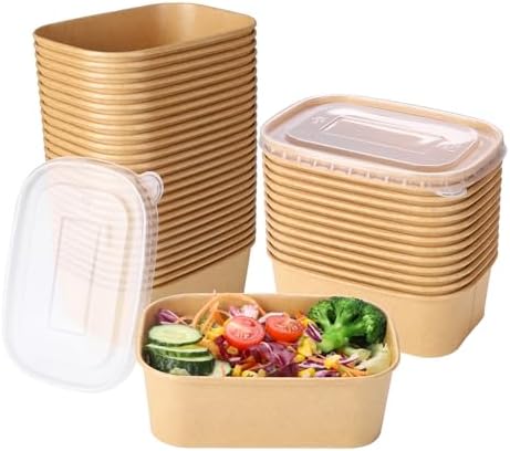 50 Sets 25oz Disposable Kraft Paper Bowls with Lids, Rectangle