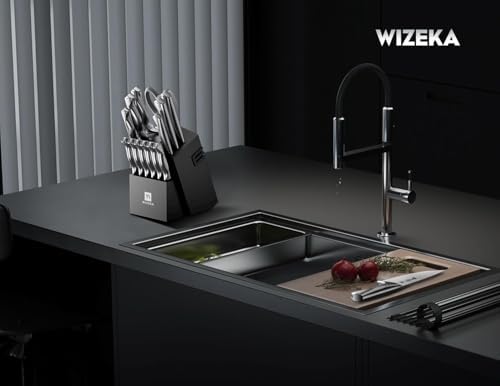 WIZEKA Knife Set with Block 15Pcs, High Carbon Stainless Steel, Razor-Sharp