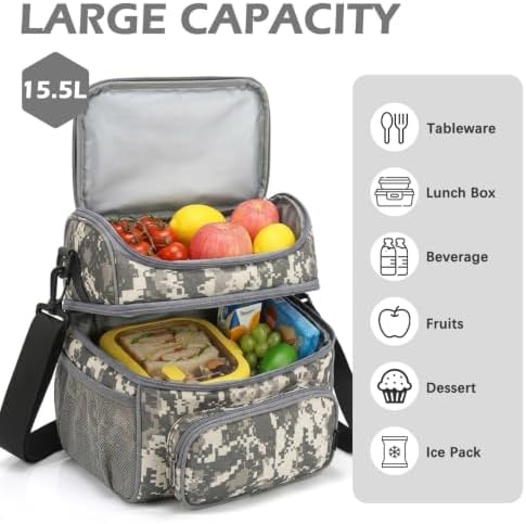 FlowFly Double Layer Cooler Insulated Lunch Bag Adult Lunch Box Large Tote Bag for Men, Women, With Adjustable Strap,Front Pocket and Dual Large Mesh Side Pockets