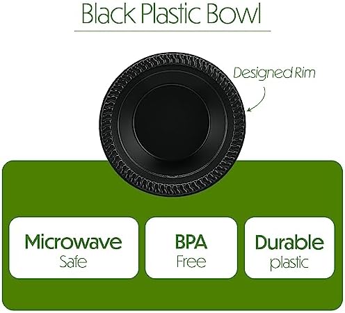PLASTICPRO 200 PCS Black Plastic Bowls Light Weight 12 oz Plastic Soup Bowls Black Salad Plates Disposable for Party and Wedding