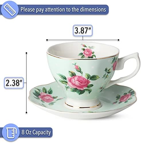 BTaT- Floral Tea Cups and Saucers, Set of 8, 8 oz