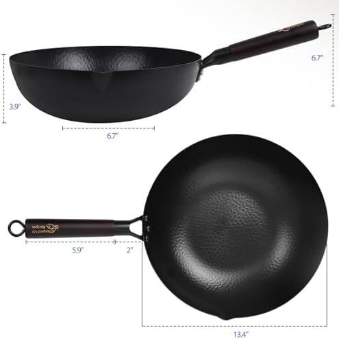Souped Up Recipes 13.4 Inch Carbon Steel Wok For Electric, Induction and Gas Stoves (Lid, Spatula and User Guide Video Included)