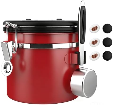 ShanSon Coffee Canister Airtight, Stainless Steel Bean Storage Container with Date Tracker & Scoop, Grounds Sugar Flour Tea Cereal Fits Kitchen Pantry, Ideal Gift for Coffee Lovers,12oz,Red