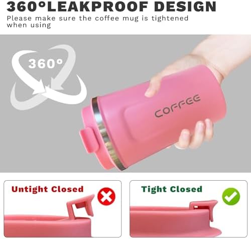 Insulated Travel Coffee Mug, Stainless Steel Coffee Cup with Leakproof Lid