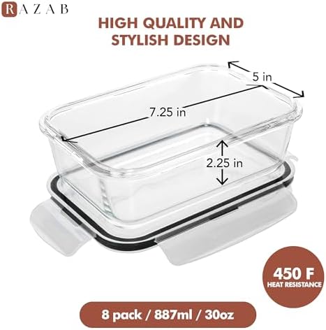 Razab 16 Pc (Set of 8) 30 Oz Glass Meal Prep Containers with Lids, Airtight Large Glass Food Storage Containers, Reusable Leak Proof BPA Free, Freezer to Oven and Dishwasher Safe