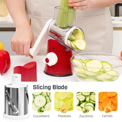 Cheese Grater Hand Crank, Rotary Cheese Shredder with 3 Interchangeable Blades for Coarse, Fine Shredding and Slicing, Strong Suction Base for Pizza, Pasta, Salad, Vegetables, Nuts, Chocolate