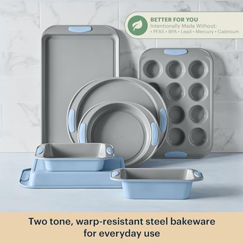 Pyrex 8-Piece Metal Bakeware Set with Heatsafe Silicone Handles, Cerulean